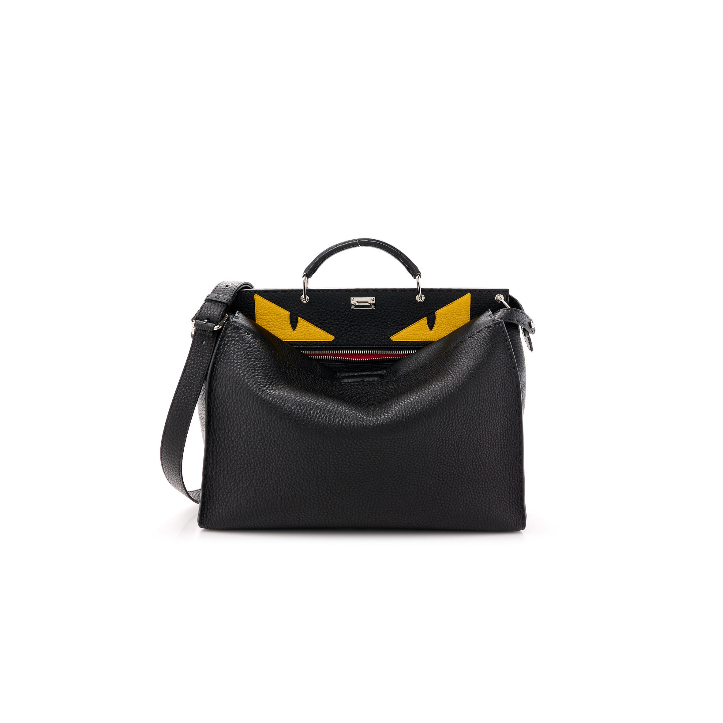 FENDI CUOIO ROMANO SELLERIA MONSTER EYES INLAY LARGE PEEKABOO SATCHEL BLACK SUNFLOWER (42*34*18cm)